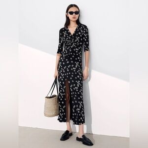 MO&Co Ruched Floral Midi Dress Black V Neck Slit Size M